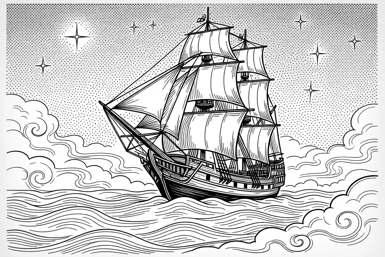 A ship sailing across a sea of clouds beneath a starry sky.