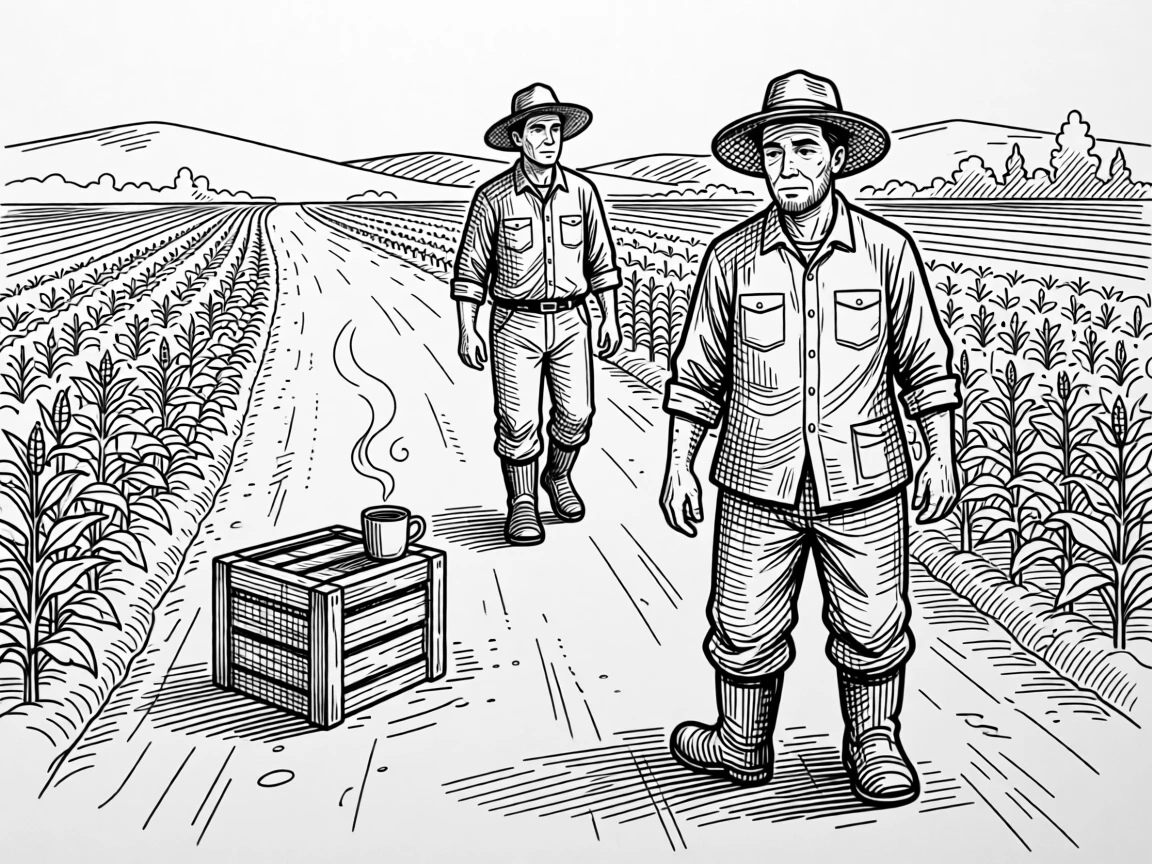 A farmer walking through rows of crops at dawn on a quiet countryside road, with a cup of tea resting close by, creating a genuinely uplifting lifestyle scene.