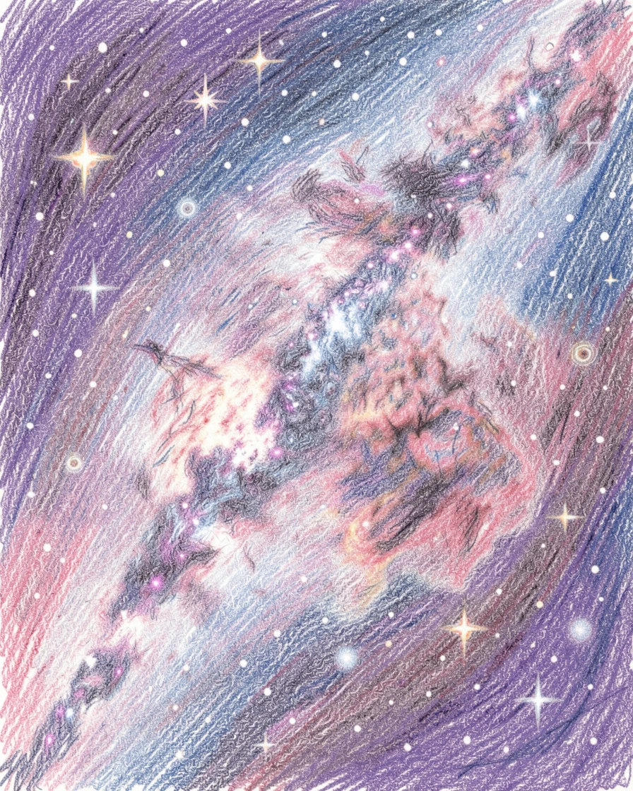 A starry night sky filled with the swirling colors of the Milky Way, with soft, natural light bringing warmth to every detail, capturing a quiet story that lingers with the viewer.