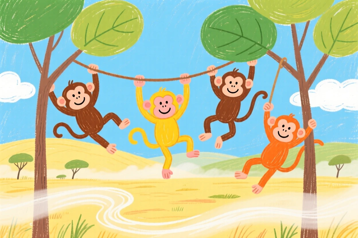 A troop of monkeys swinging through trees as the morning mist rises over the savanna.