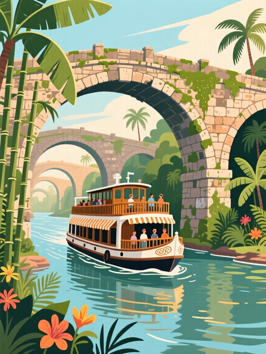 A scenic river cruise passing beneath historic stone bridges, surrounded by lush tropical greenery, arranged with layered depth from near to far, with a nostalgic, postcard-like charm.