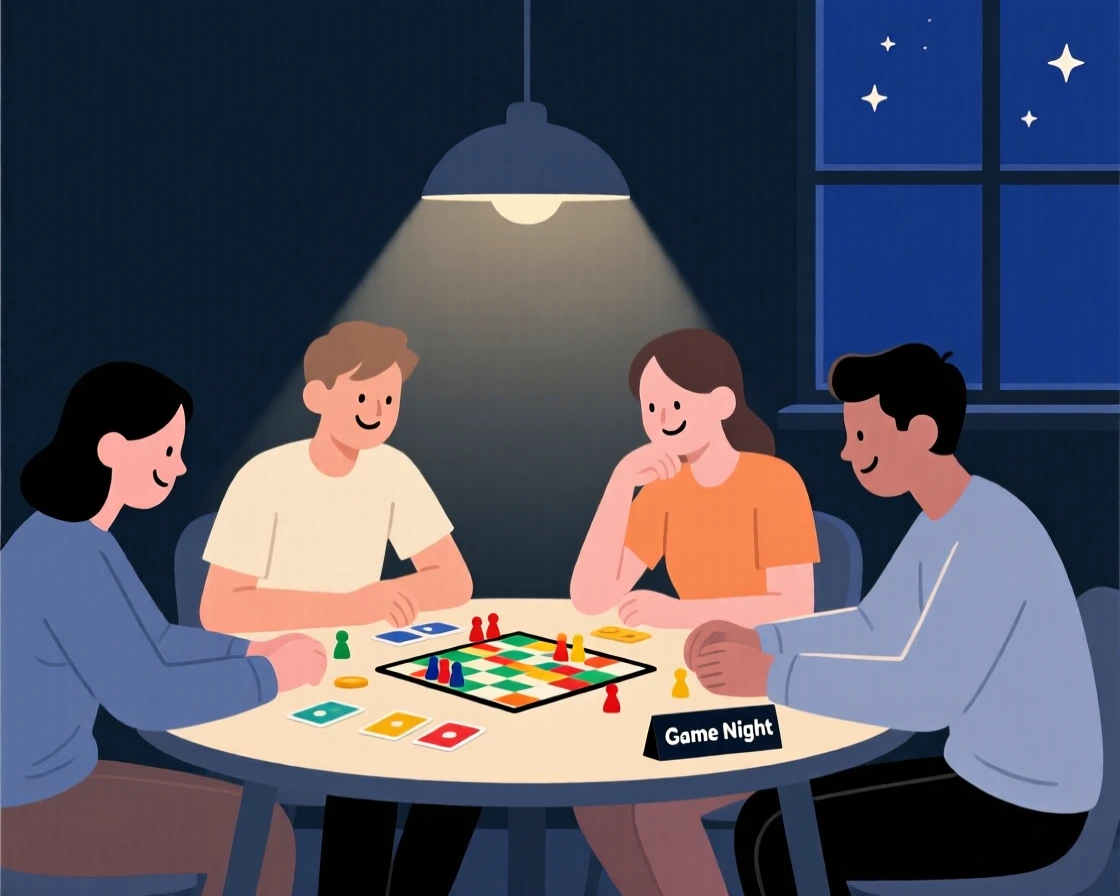A group of friends playing board games around a table at night.