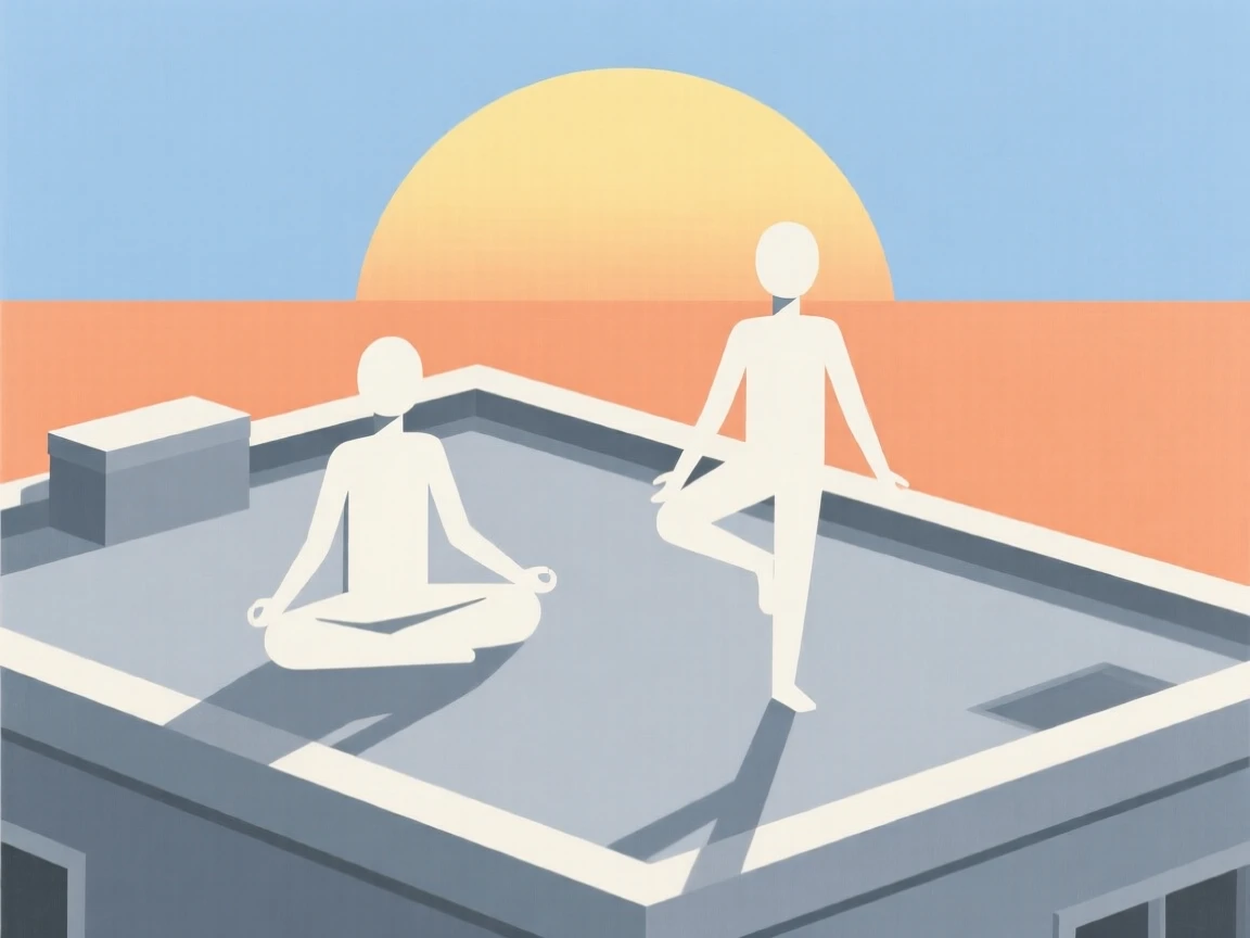 A yoga session on a rooftop at sunrise