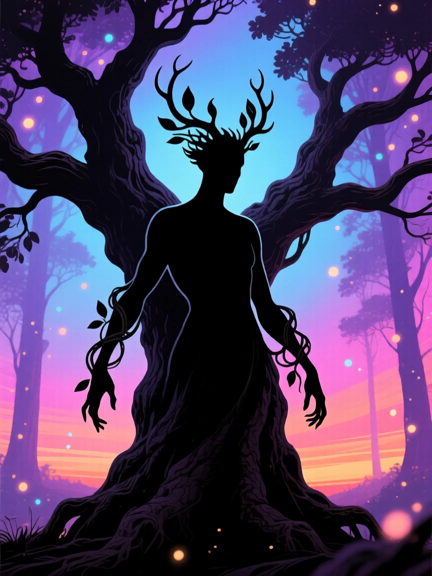 A tree spirit emerging from the bark of a massive, ancient oak.