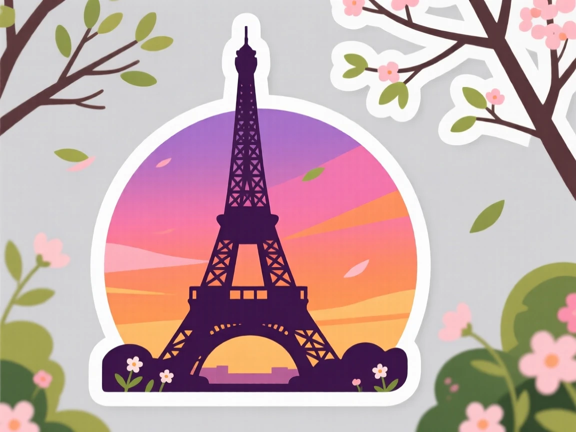 A vibrant and inviting iconic Eiffel Tower silhouette at dusk, with a gentle breeze moving through the scene, during the region's most beautiful season.