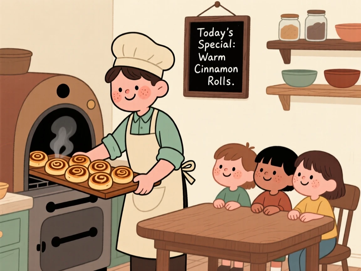 A young baker pulls a tray of cinnamon rolls from the oven in a small bakery, steam rising as children wait eagerly at the table.