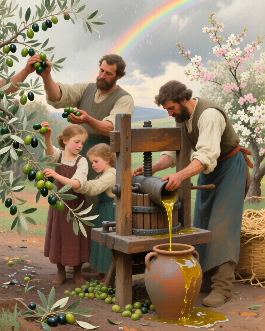 A detailed close shot of a family harvesting olives and pressing them into fresh oil, as spring blossoms open, under a rainbow after a storm.