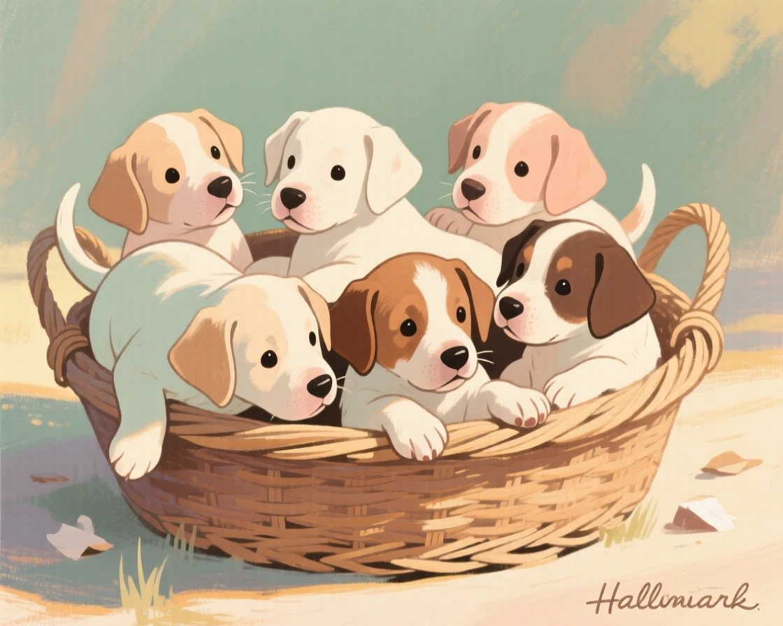 A litter of puppies tumbling together in a wicker basket