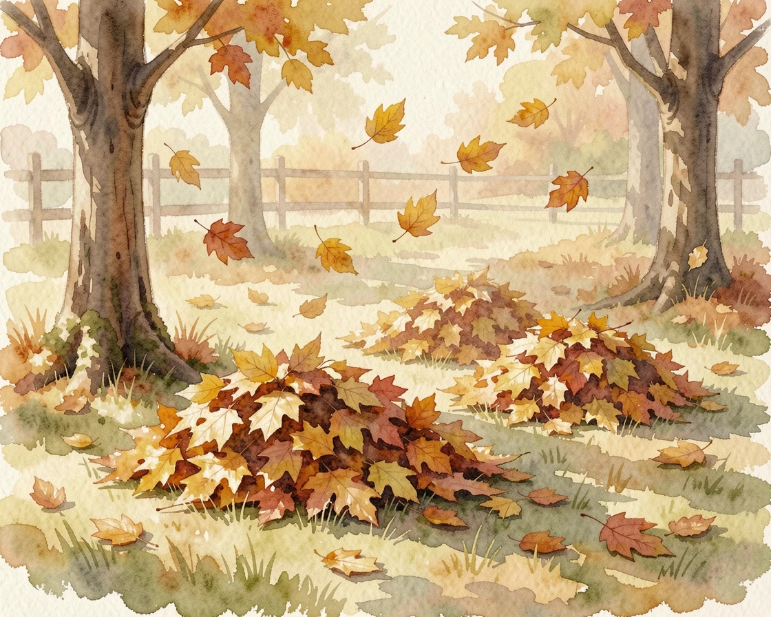 A cozy autumn scene with piles of raked leaves as golden autumn leaves drift in the breeze.