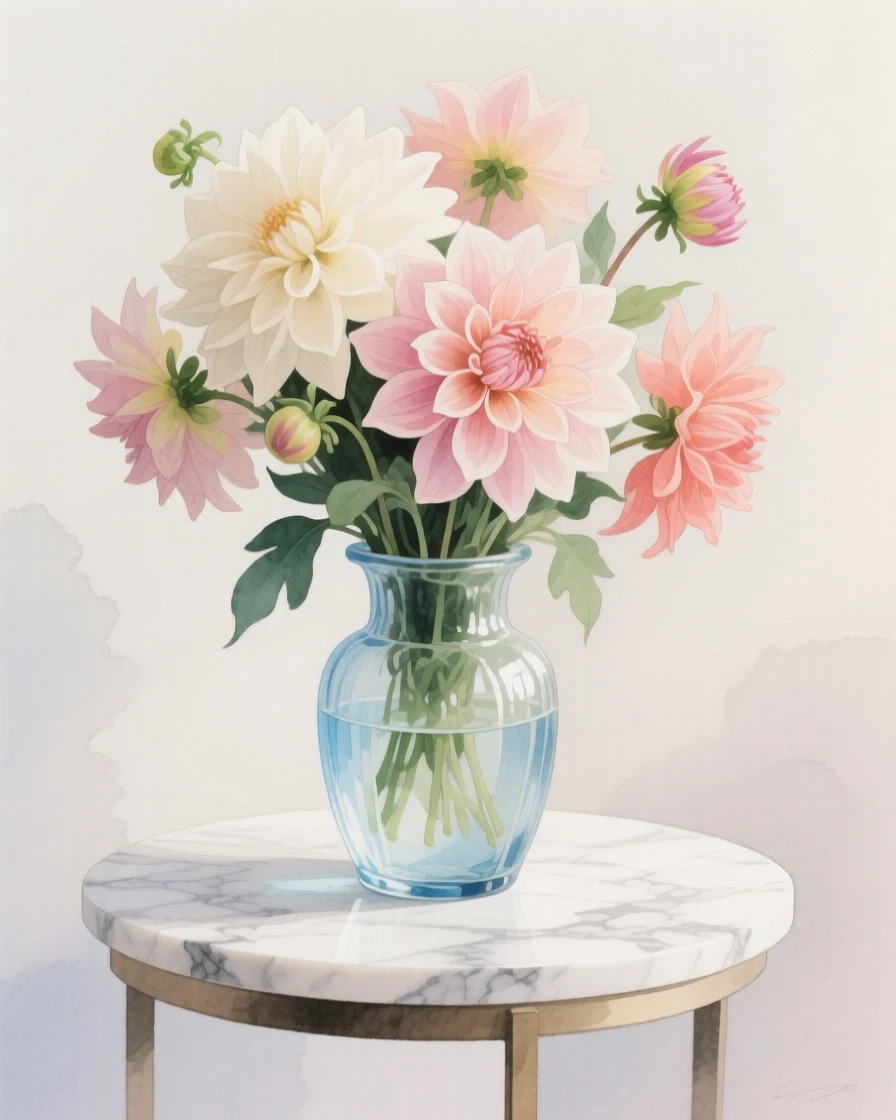 A bouquet of dahlias in soft, layered tones fills a vintage glass vase on a marble side table, petals catching the gentle light