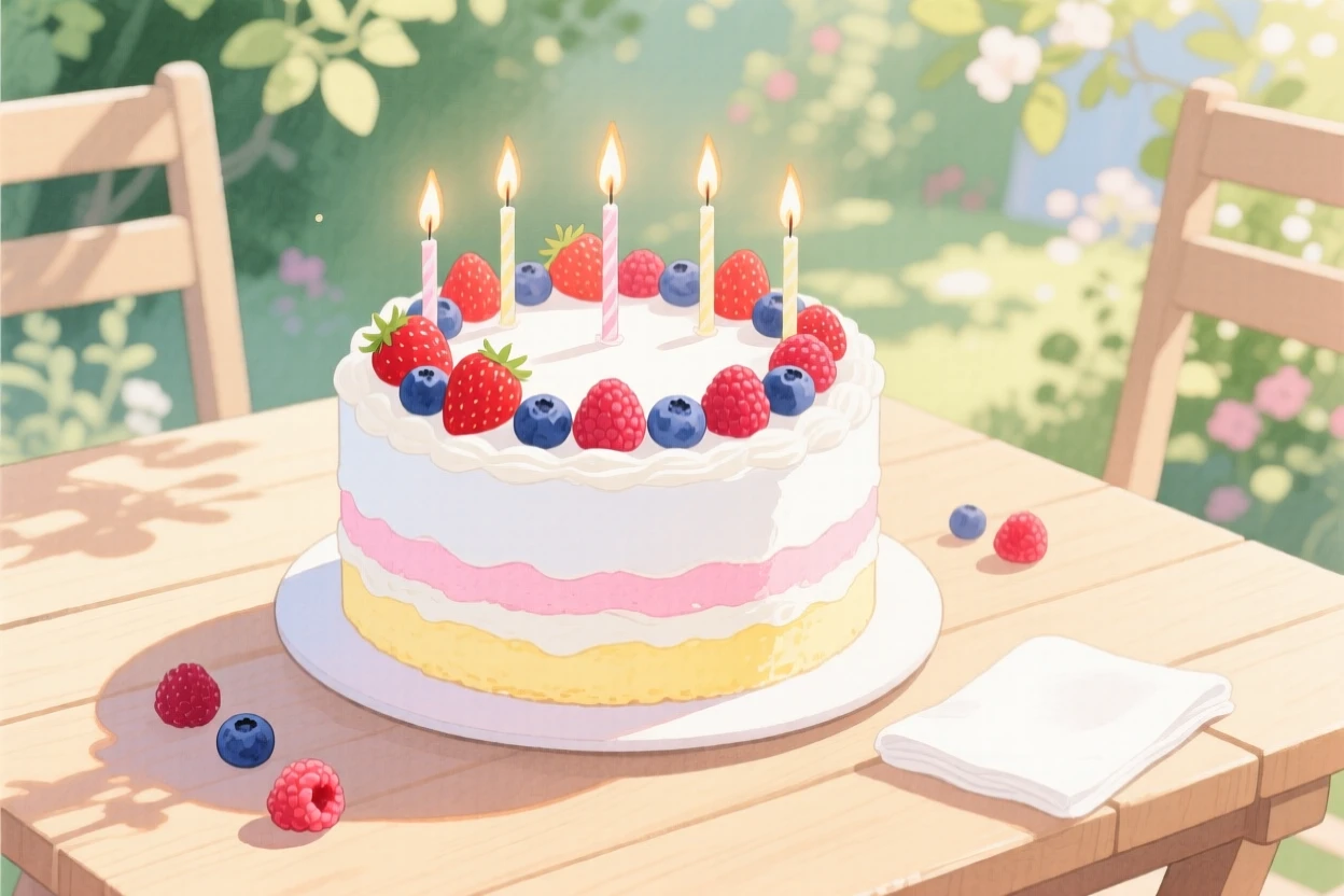 A birthday cake topped with candles and fresh berries, arranged invitingly on a sunny table.