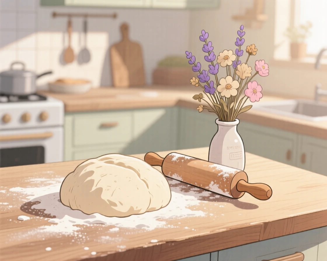 A kitchen counter dusted with flour as bread dough rises beside a rolling pin, with dried flowers tucked into a small vase, evoking a gentle, unhurried happiness.
