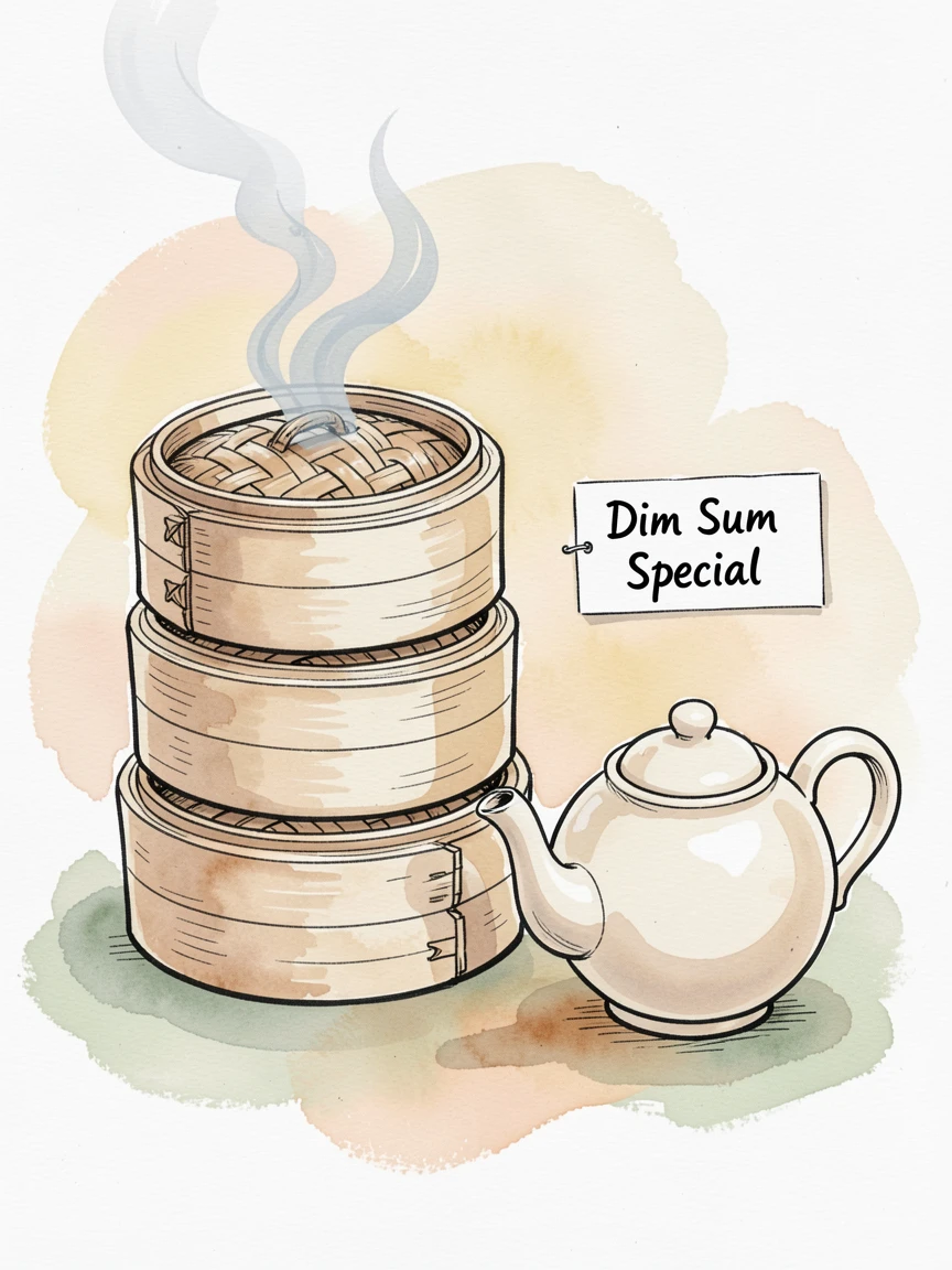 A stack of fluffy dim sum baskets steaming beside a pot of tea, the aroma almost palpable in the soft afternoon light.