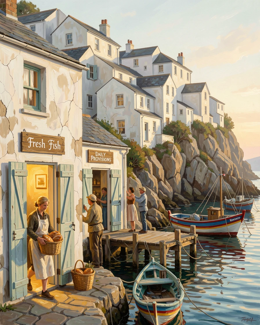 A cluster of whitewashed houses cascading down a cliffside, a baker carrying fresh bread from an open doorway, beside a small harbor filled with fishing boats, in early morning, shopkeepers just opening their doors.