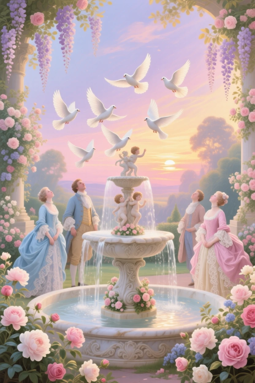A flock of doves rising from a fountain at sunrise  
