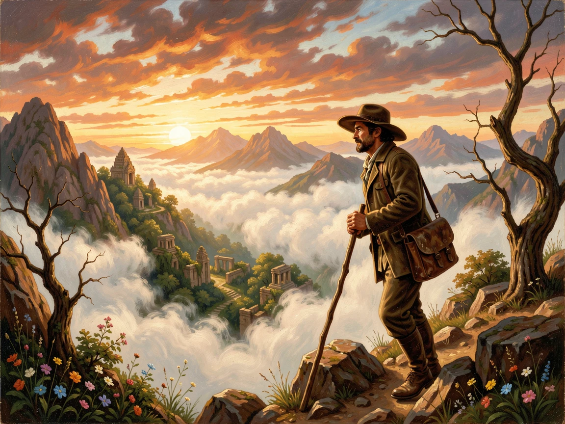 A daring archaeologist climbs toward a remote valley hidden by clouds as the sun sets over uncharted land.