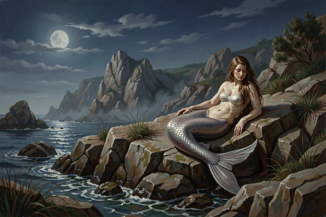 A mermaid resting on a moonlit rock along a rugged, mystical coastline, rendered with photorealistic detail to feel genuinely believable, offering a breathtaking escape into a beautifully rendered fantasy world