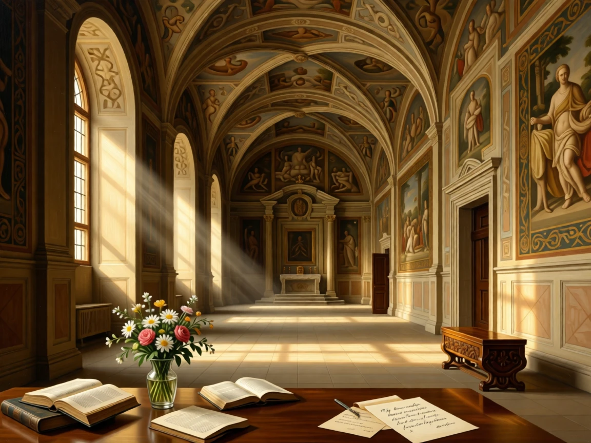 A private chapel with frescoed walls and a single beam of light standing empty in the golden hush of late afternoon, set within a royal residence steeped in history, with fresh flowers, open books, and half-finished correspondence scattered about; a lone figure or object provides scale against the soaring architecture, suggesting both luxury and profound stillness.
