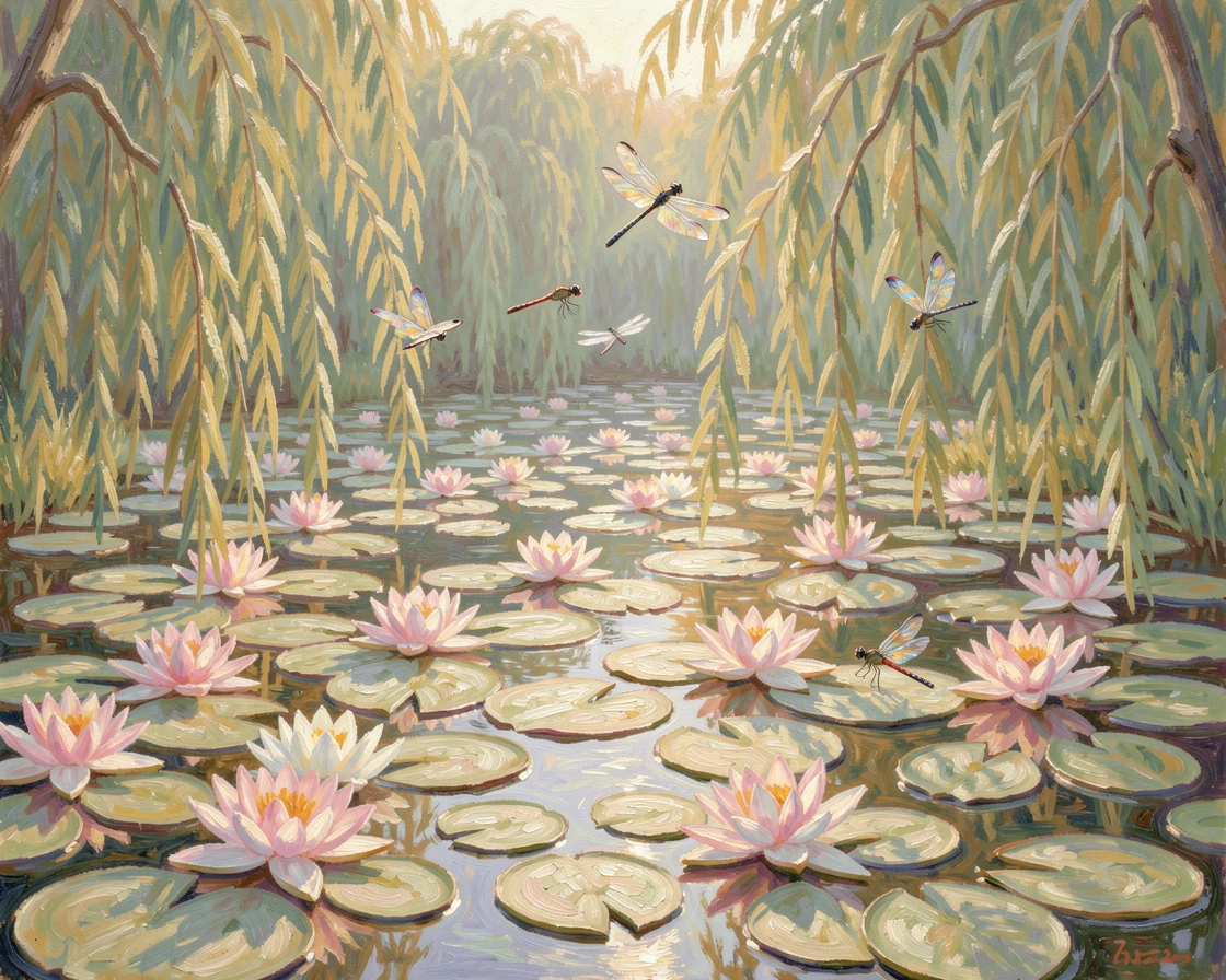 A tranquil pond covered in water lilies, dragonflies hovering above the pads beneath a canopy of willow branches, evoking a sense of peace and quiet wonder.