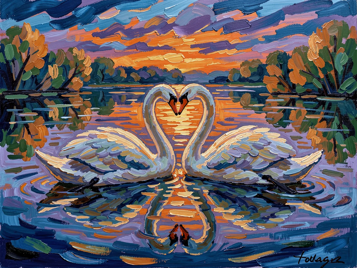 A pair of swans forming a heart shape with their necks on a still lake.