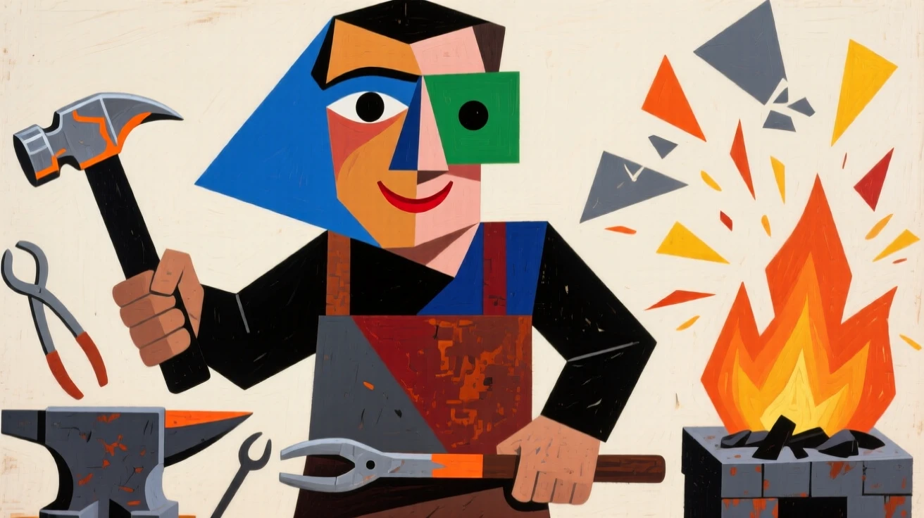 A medium shot portrait of a blacksmith surrounded by the tools of the trade, focused and content in the craft.