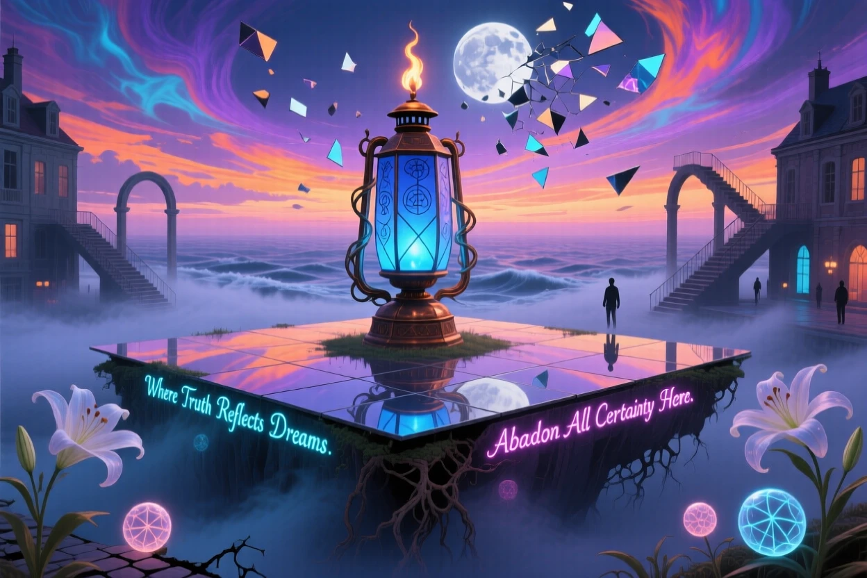 A town square paved with mirrors rises from a sea of drifting fog, and a single lantern burns at its highest point.