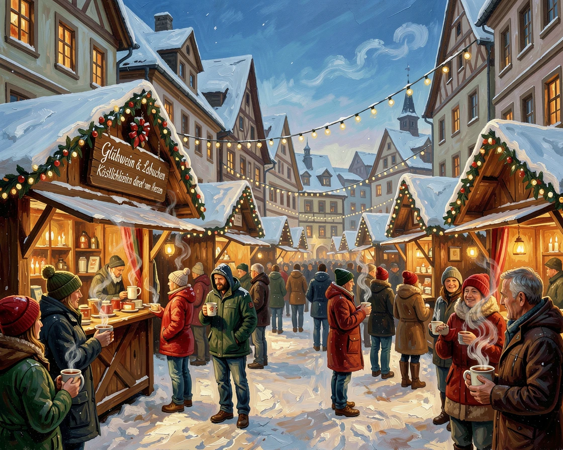 A cozy Christmas market fills a German town square with wooden stalls, twinkling lights, and the aroma of mulled wine drifting through cold evening air, the composition balancing grand scale with intimate, human-sized details throughout the frame.