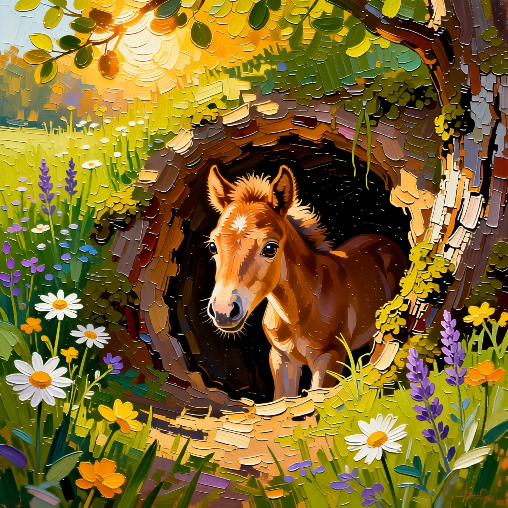 A heartwarming photo of a foal peeking out curiously from a burrow entrance