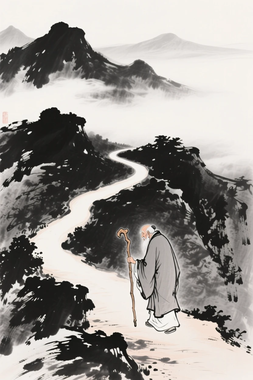 An old sage walks slowly along a winding path with a wooden staff, as clouds drift below the mountain path.