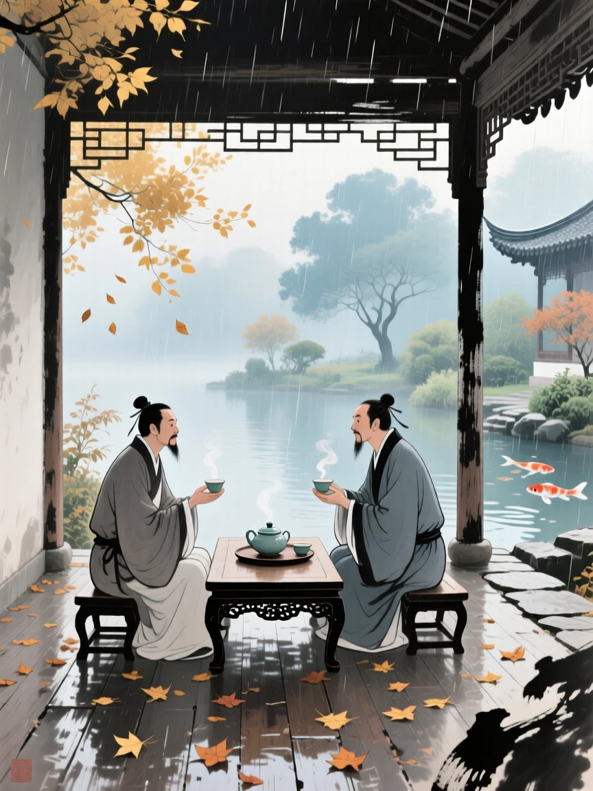 Two friends sharing tea in a quiet garden pavilion, in a gentle drizzle, as autumn leaves turn golden.