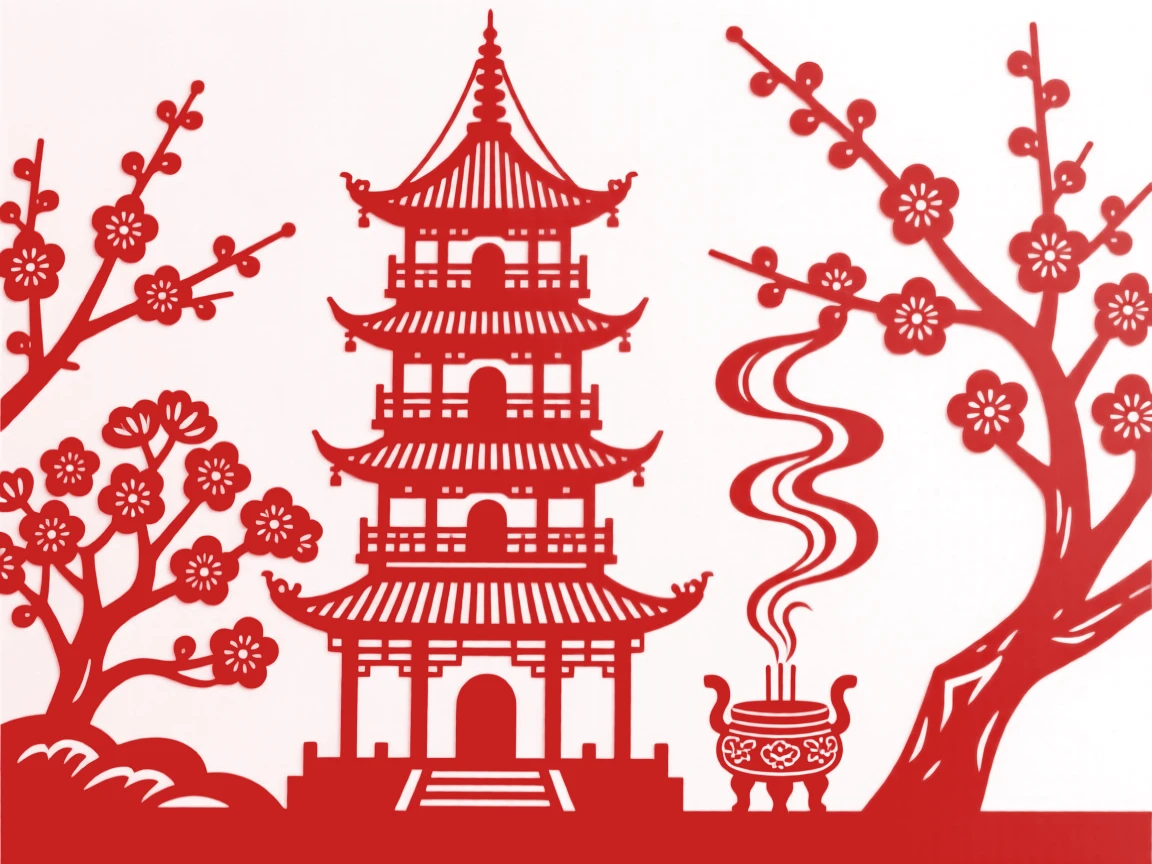 A pagoda, framed by blossoming trees in full spring bloom, smoke curling gently from a nearby incense burner.