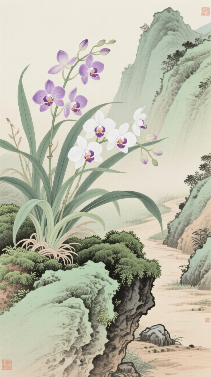 Orchids growing from a mossy rock growing wild along a mountain trail