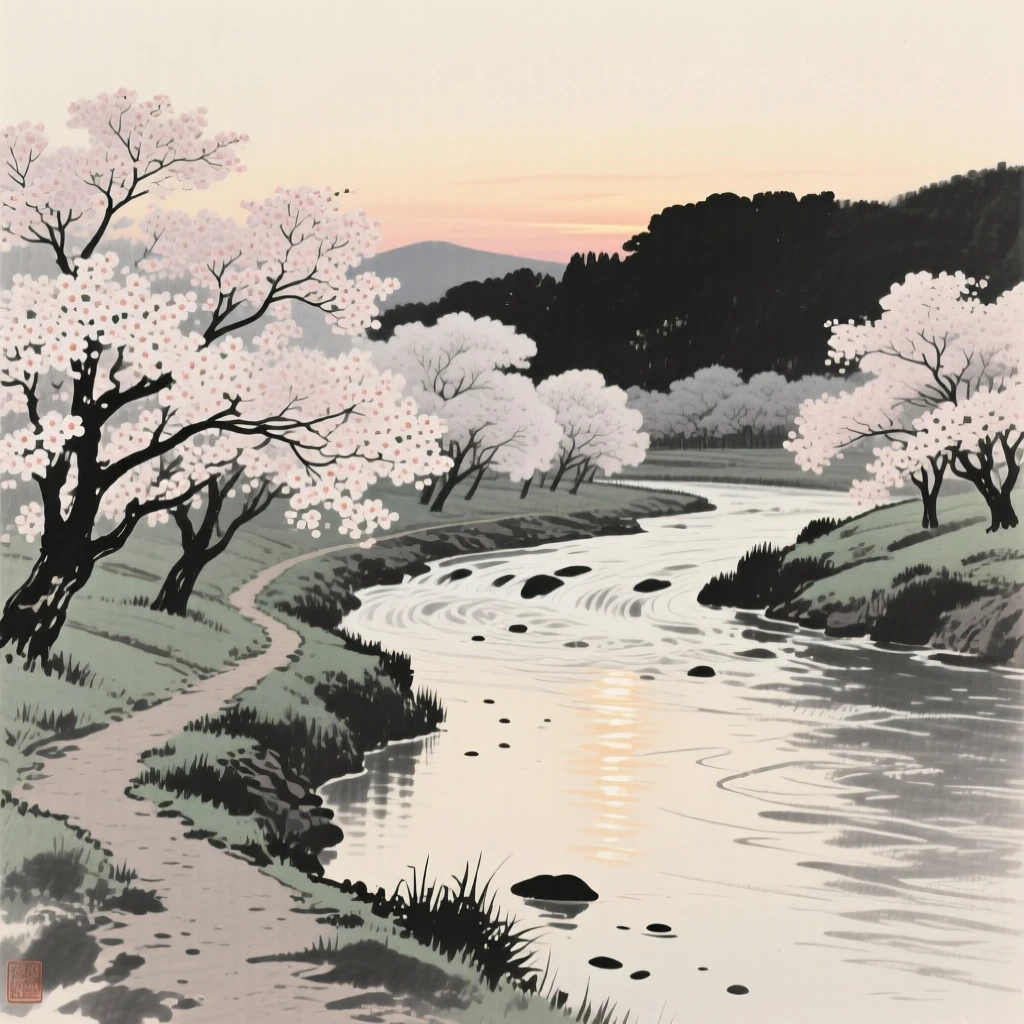 A quiet orchard in full bloom along a river path with the last light of dusk catching the water's surface, seen from across the water, the far shore reduced to soft silhouette, suggesting the quiet vastness of the natural world.
