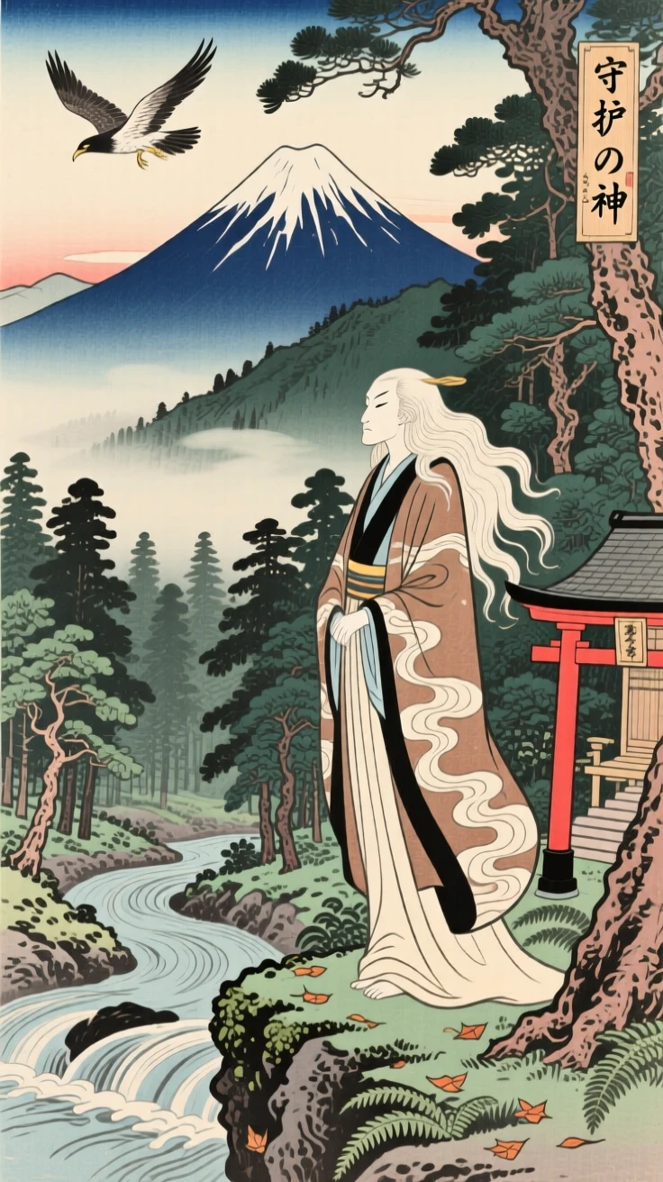 A watching mountain spirit standing guard at the edge of an old forest.