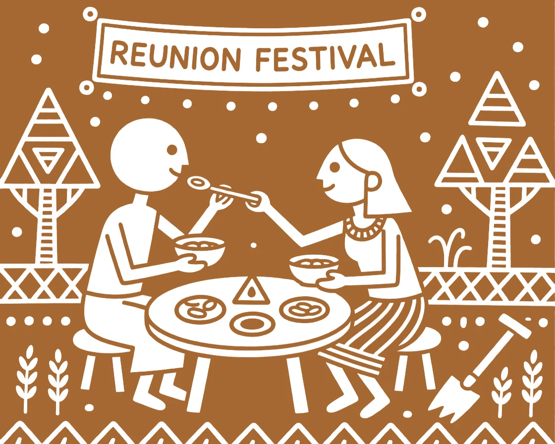 A couple reunited after years apart feeding each other during a festive meal.