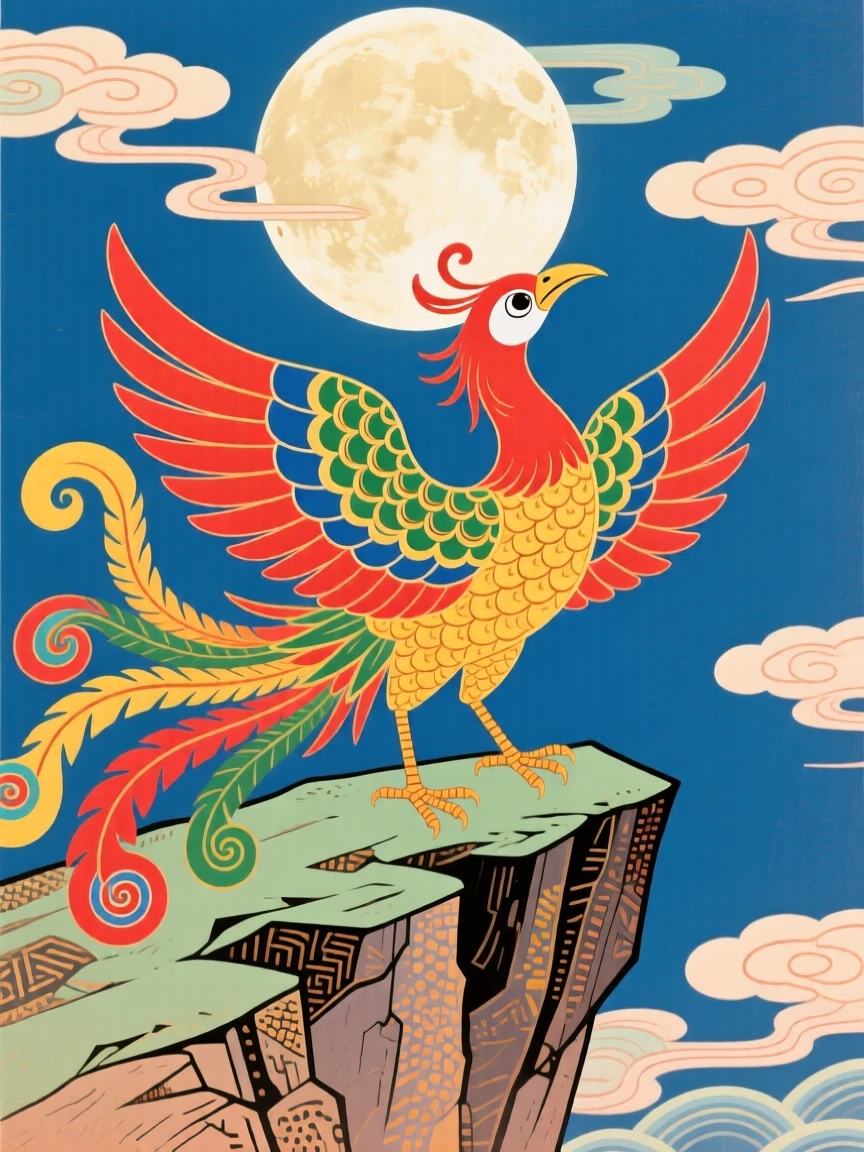 A phoenix with flowing tail feathers, standing beneath a full moon on a cliff.