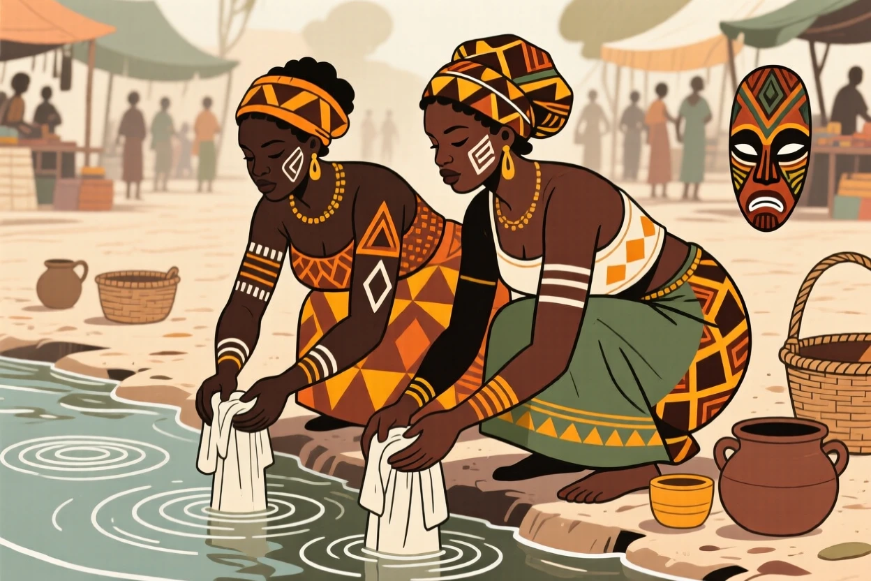 Women washing clothes at the riverbank in the heart of a bustling market square.
