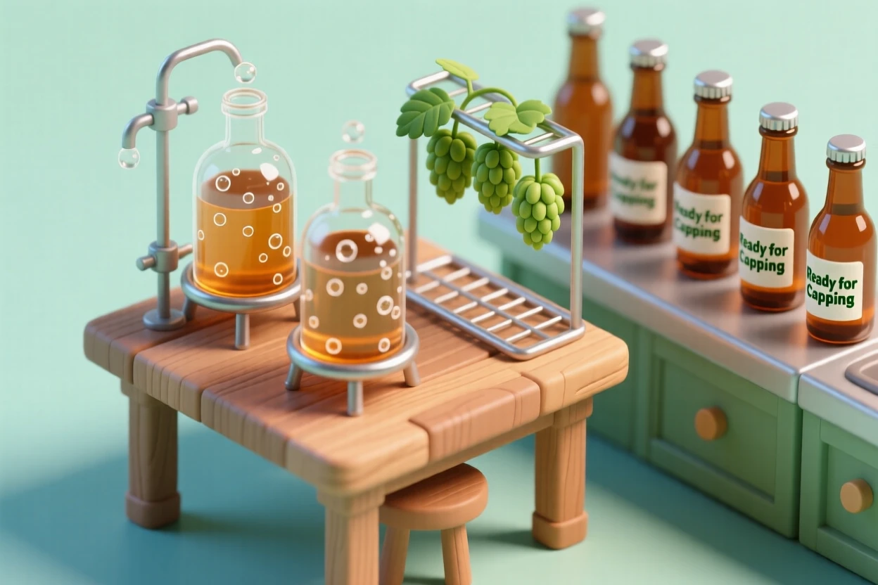 A home brewing setup with bubbling fermenters, hops drying nearby, and bottles lined up ready for capping.