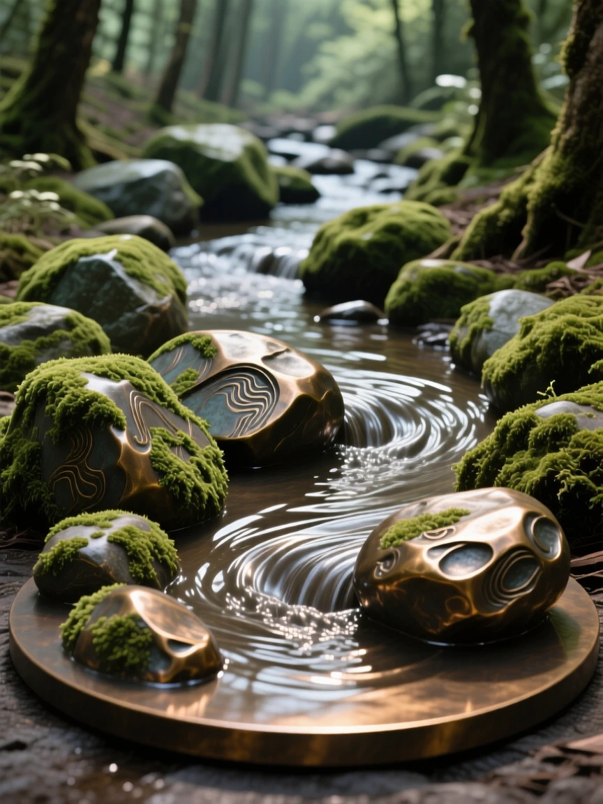 A tranquil forest stream winding through moss-covered stones, with dramatic natural lighting and rich color, offering a breathtaking sense of place