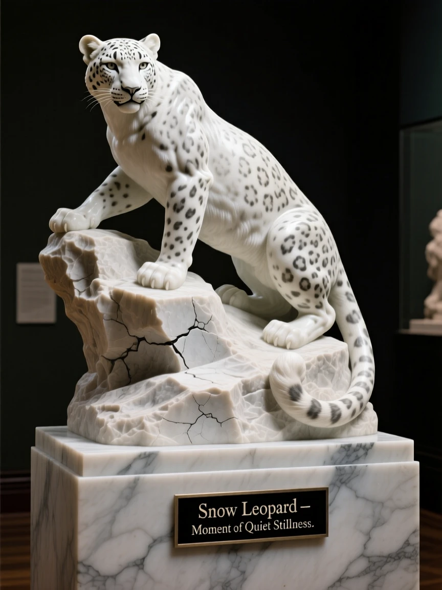 A beautifully composed image of a snow leopard perched on a rocky outcrop, in a moment of quiet stillness, full of atmosphere and visual storytelling