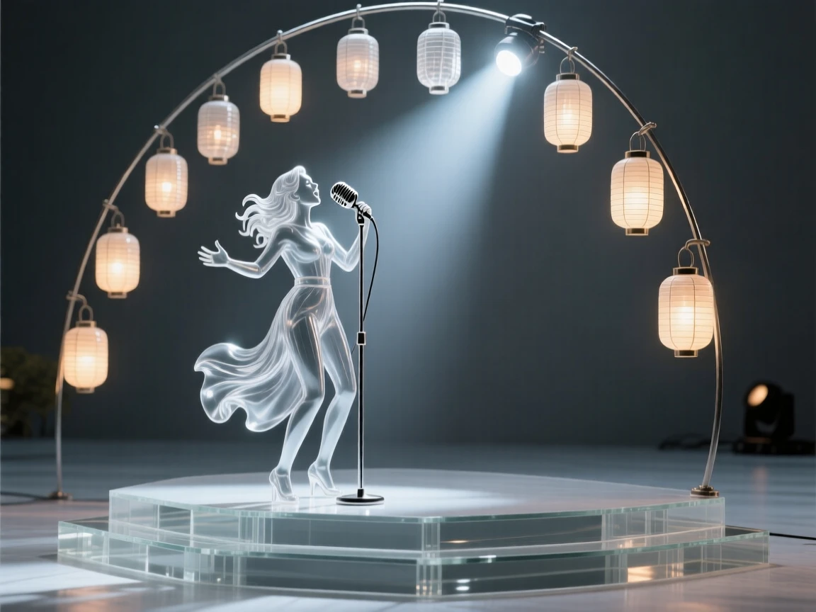 A singer performing beneath a spotlight on an open-air stage, beneath a sky filled with softly glowing lanterns