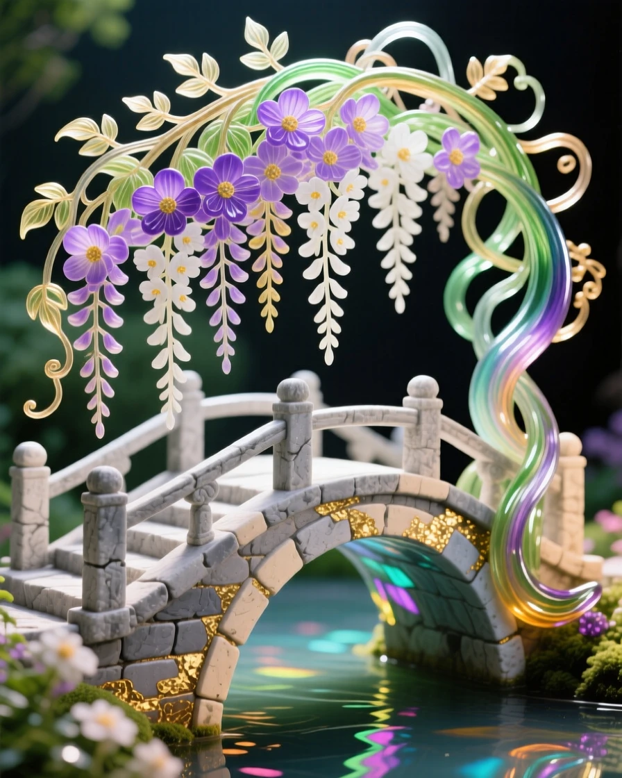 A cascading garden of wisteria draping over an ancient stone bridge, romantic and lush.