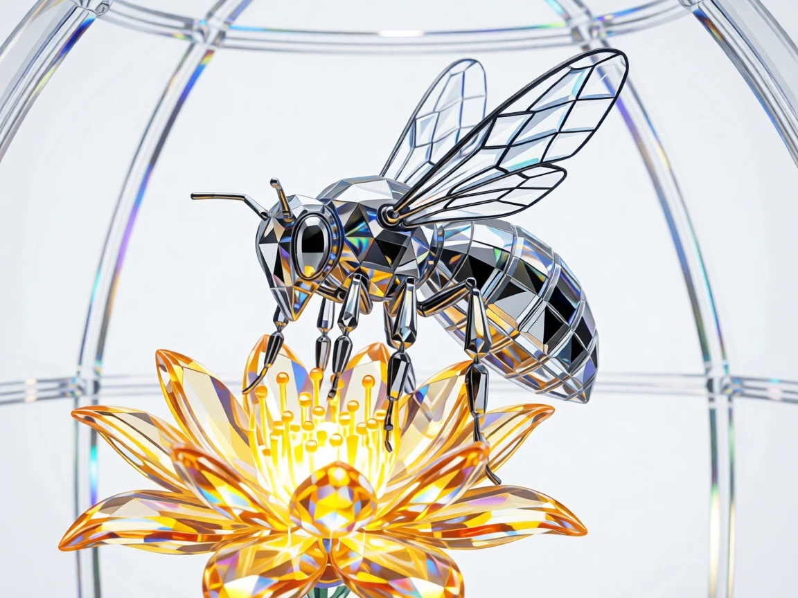 A robotic bee pollinating a glowing flower in a climate-controlled biodome.