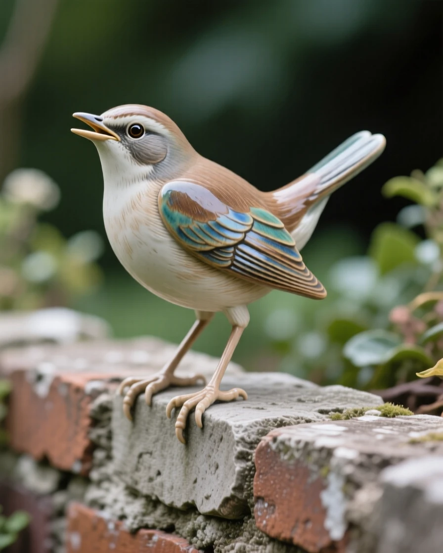 A nightingale singing atop a garden wall perched gracefully in a moment of stillness, with iridescent feathers catching the light, stirring quiet joy and gentle wonder.