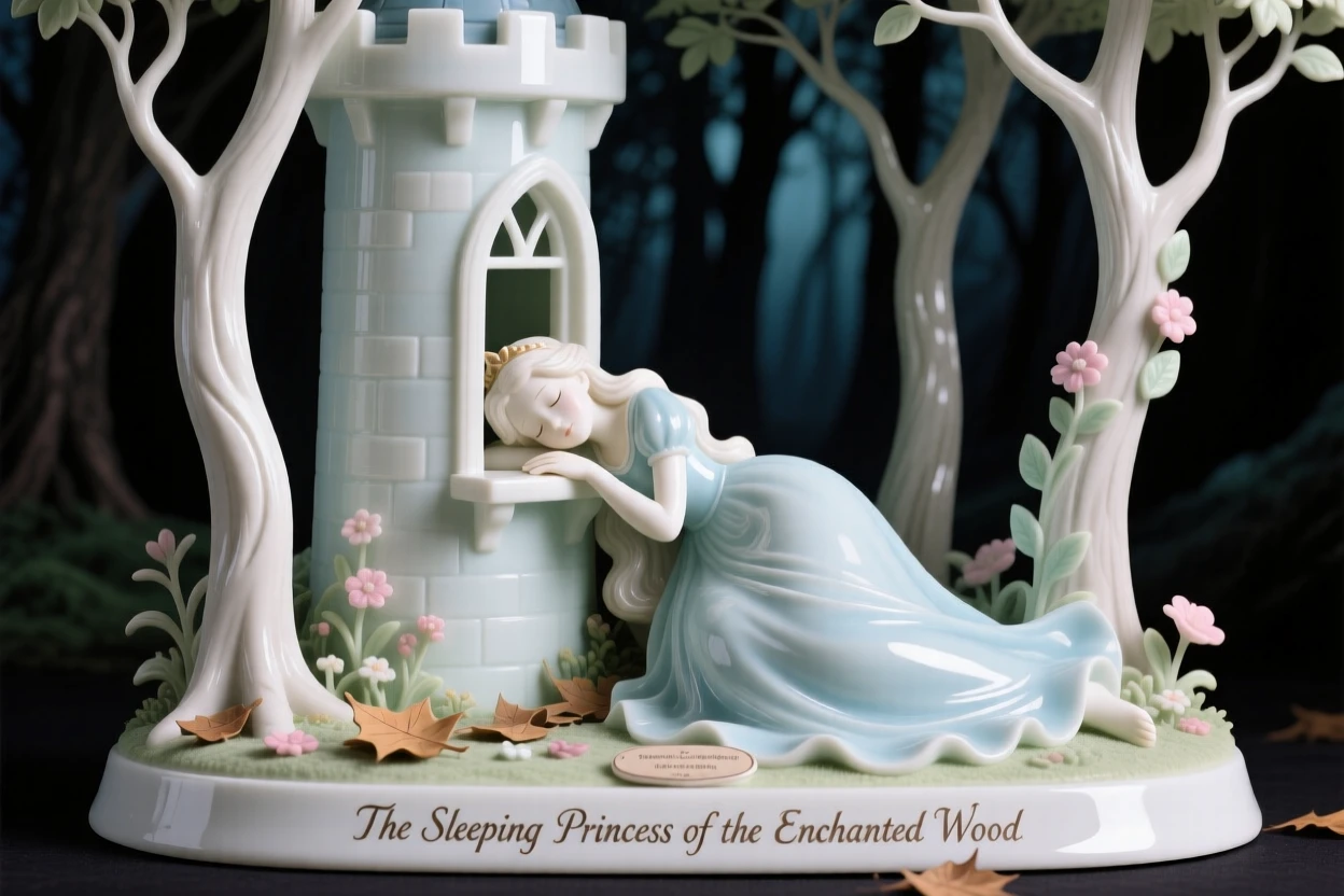 A storybook depiction of a sleeping princess in a tower walking through a shadowy enchanted wood, rendered with warm, nostalgic charm.
