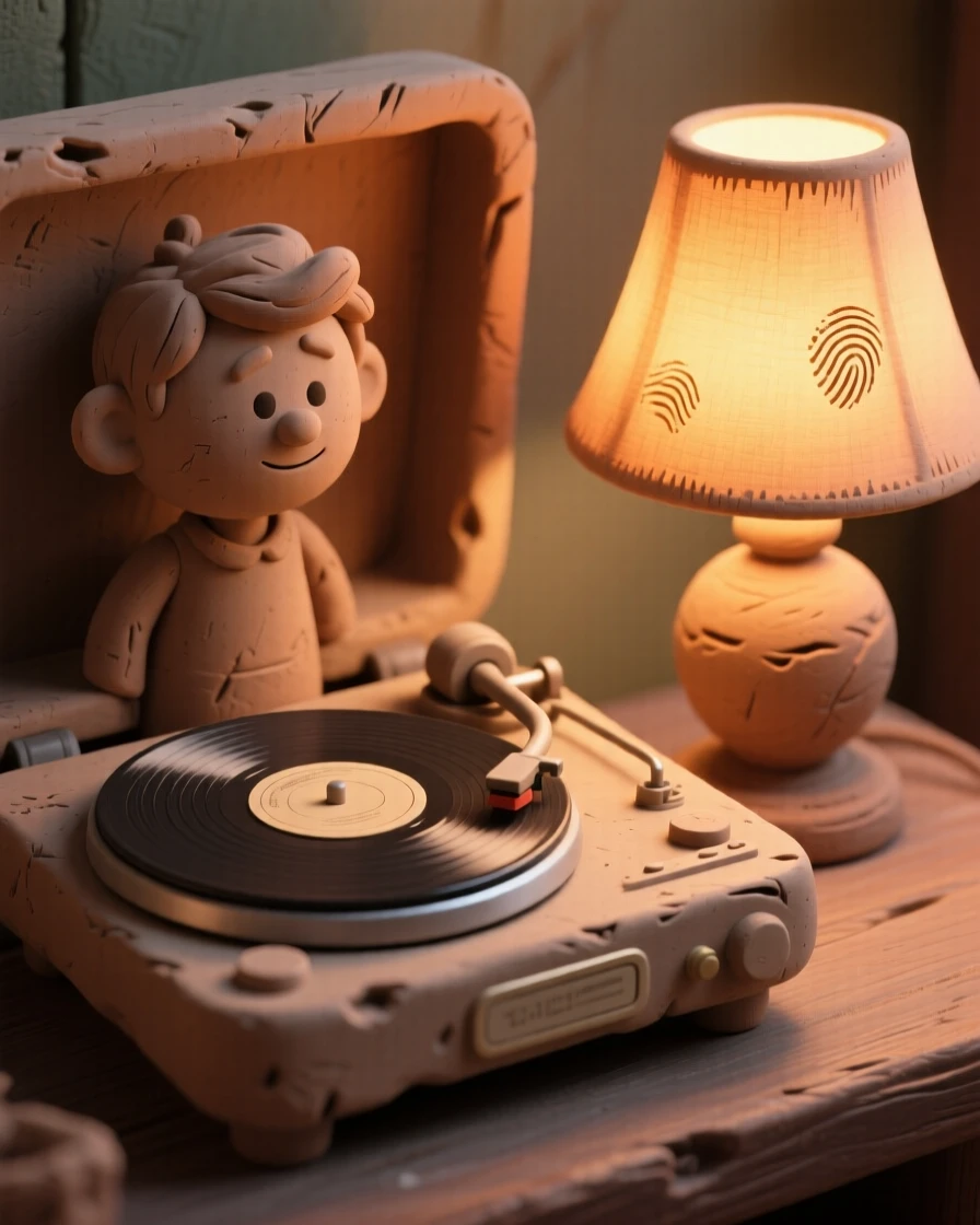 A vintage record spinning slowly beside a warm reading lamp