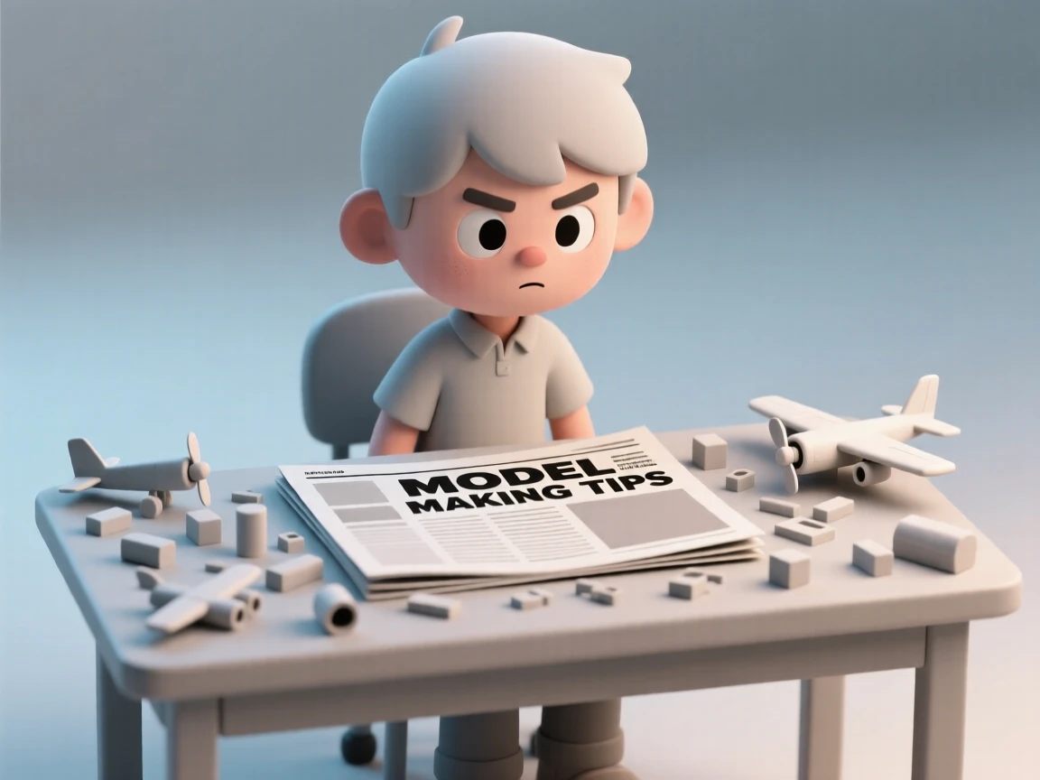 A determined boy assembles a model airplane at a cluttered desk, tiny parts spread carefully across newspaper.