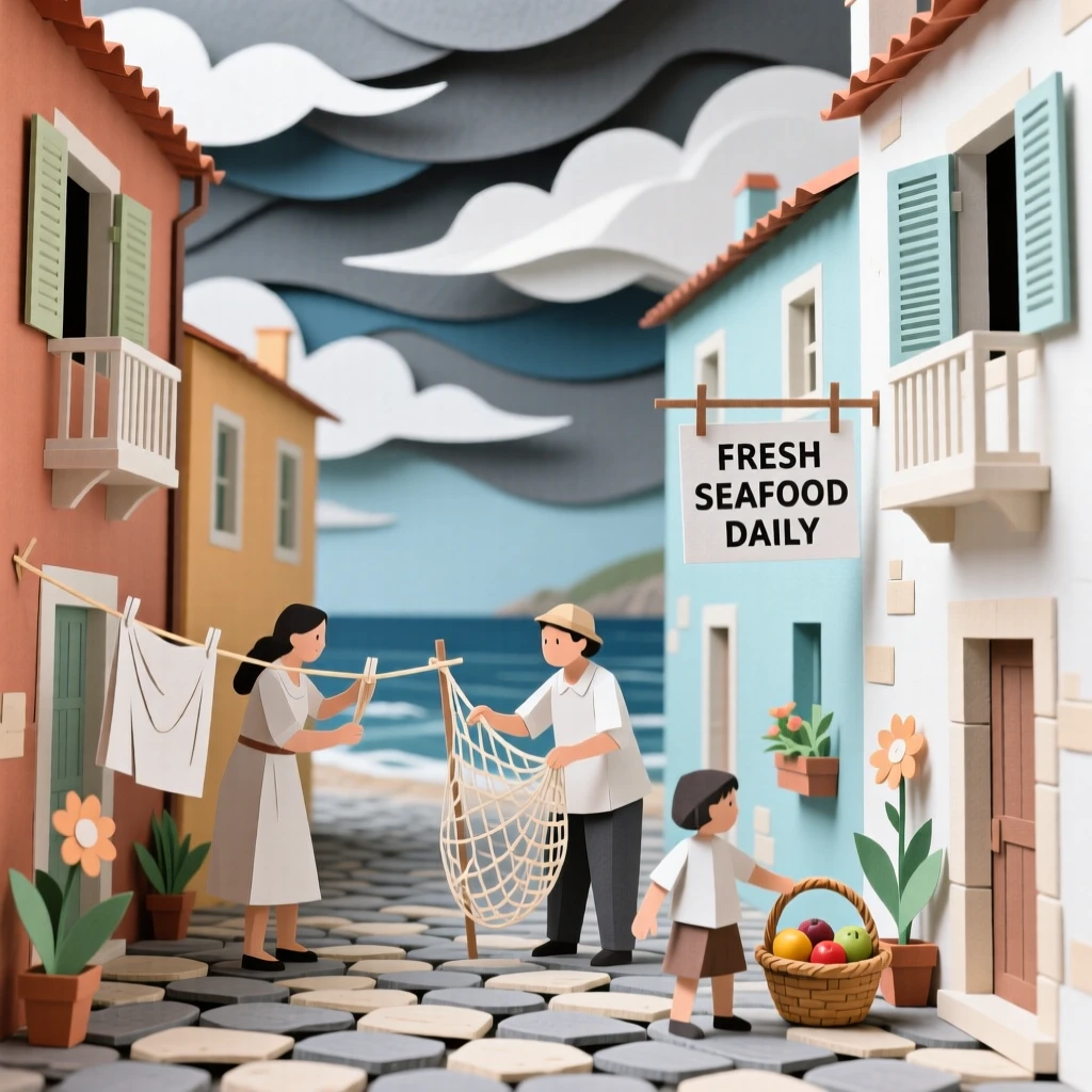 A narrow cobblestone alley in a coastal village framed by dramatic clouds overhead, with locals going about daily life, capturing the romance of travel.