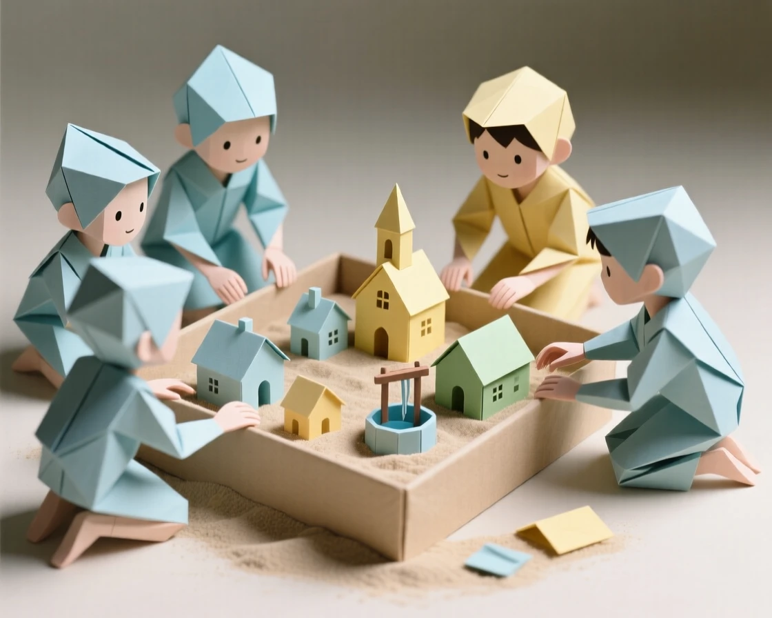 A group of children gathered around a sandbox building an entire miniature village.