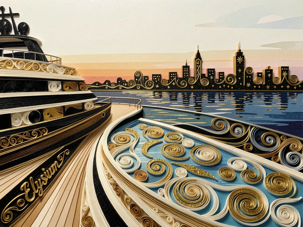 A sophisticated luxury scene of a rooftop infinity pool overlooking a glittering skyline on the deck of a luxury yacht at sunset, in a rich palette of black, gold, and ivory, arranged with refined, minimalist negative space.